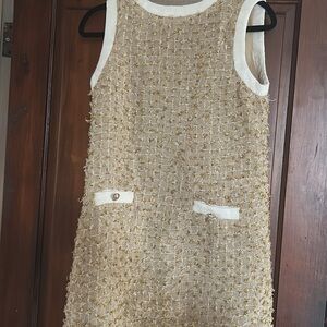 Beulah Tweed Gold  Sheath Mini Dress Sleeveless Crew Neck